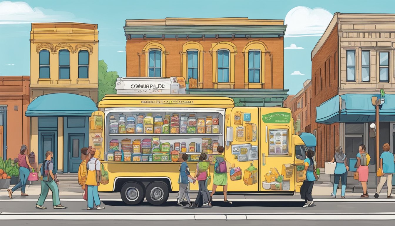 A colorful community fridge stands against a backdrop of Springfield, MO landmarks, with people coming and going to donate and collect food