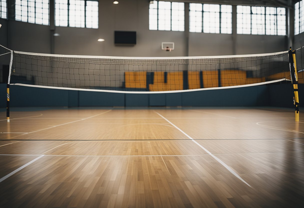 A volleyball court with a net, two teams on either side, and multiple volleyball sets in motion