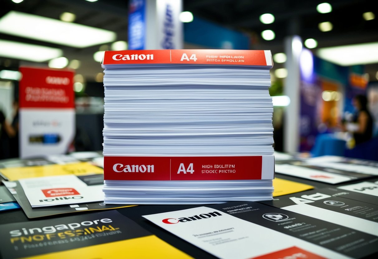 A stack of Canon A4 High Resolution Paper surrounded by promotional materials in Singapore