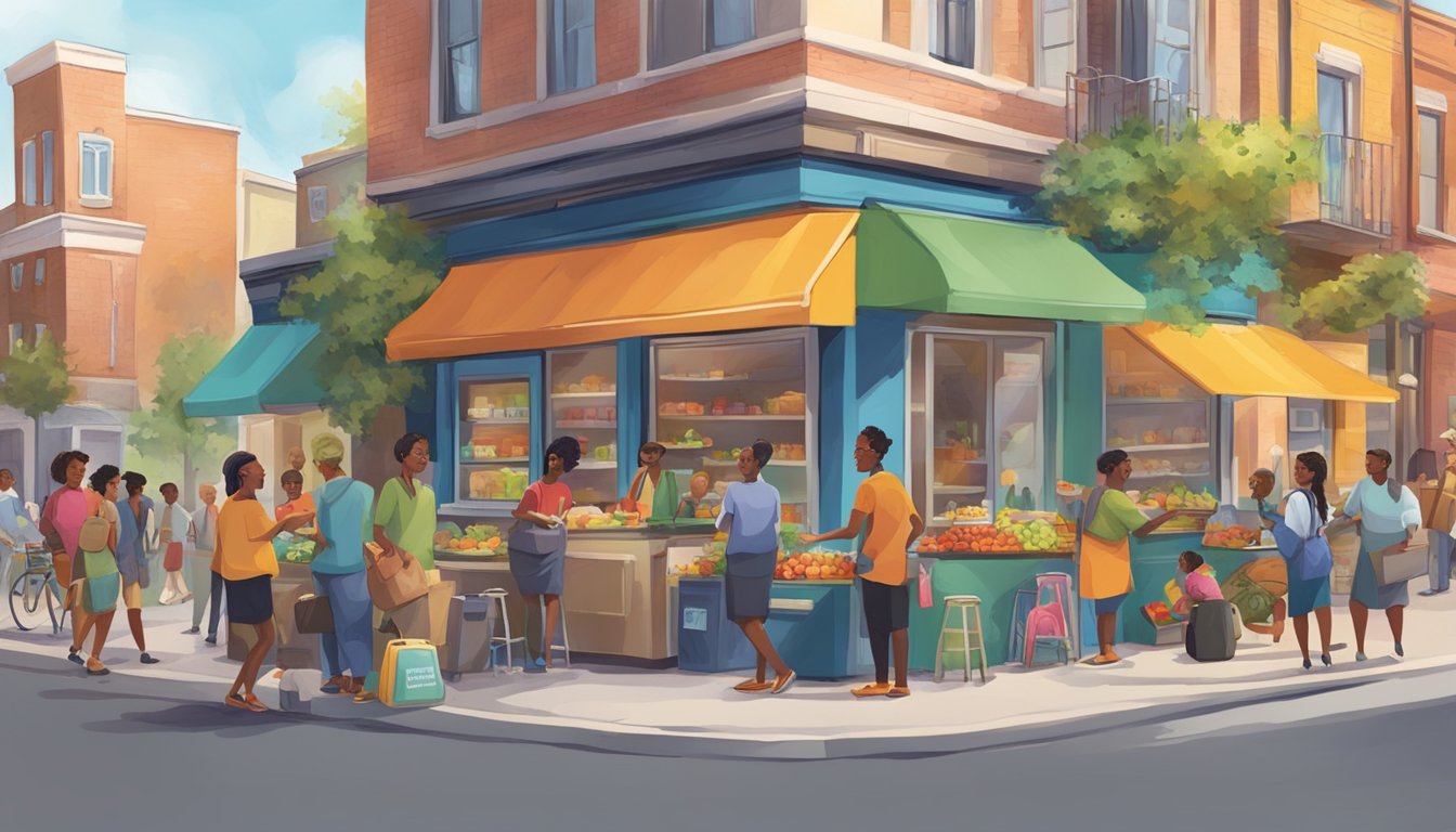 A colorful, bustling street corner with a well-stocked community fridge surrounded by diverse individuals exchanging food and sharing smiles