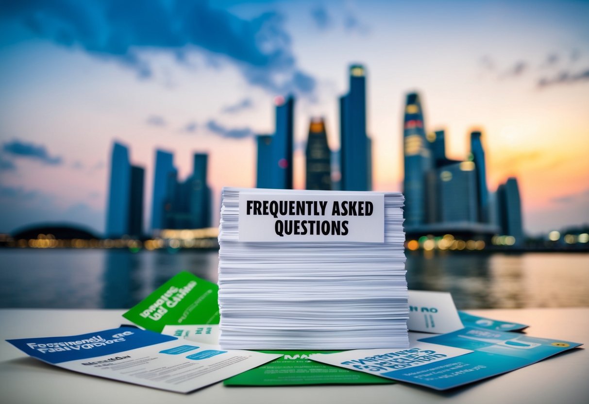 A stack of A4 paper with "Frequently Asked Questions" printed on it, surrounded by promotional materials, set against the backdrop of the Singapore skyline