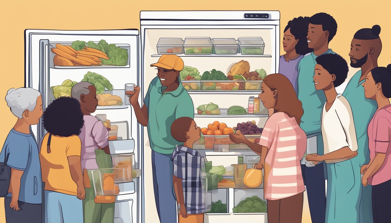 A diverse group of people from different backgrounds and ages are seen accessing the community fridge, exchanging food items, and following the guidelines posted on the fridge