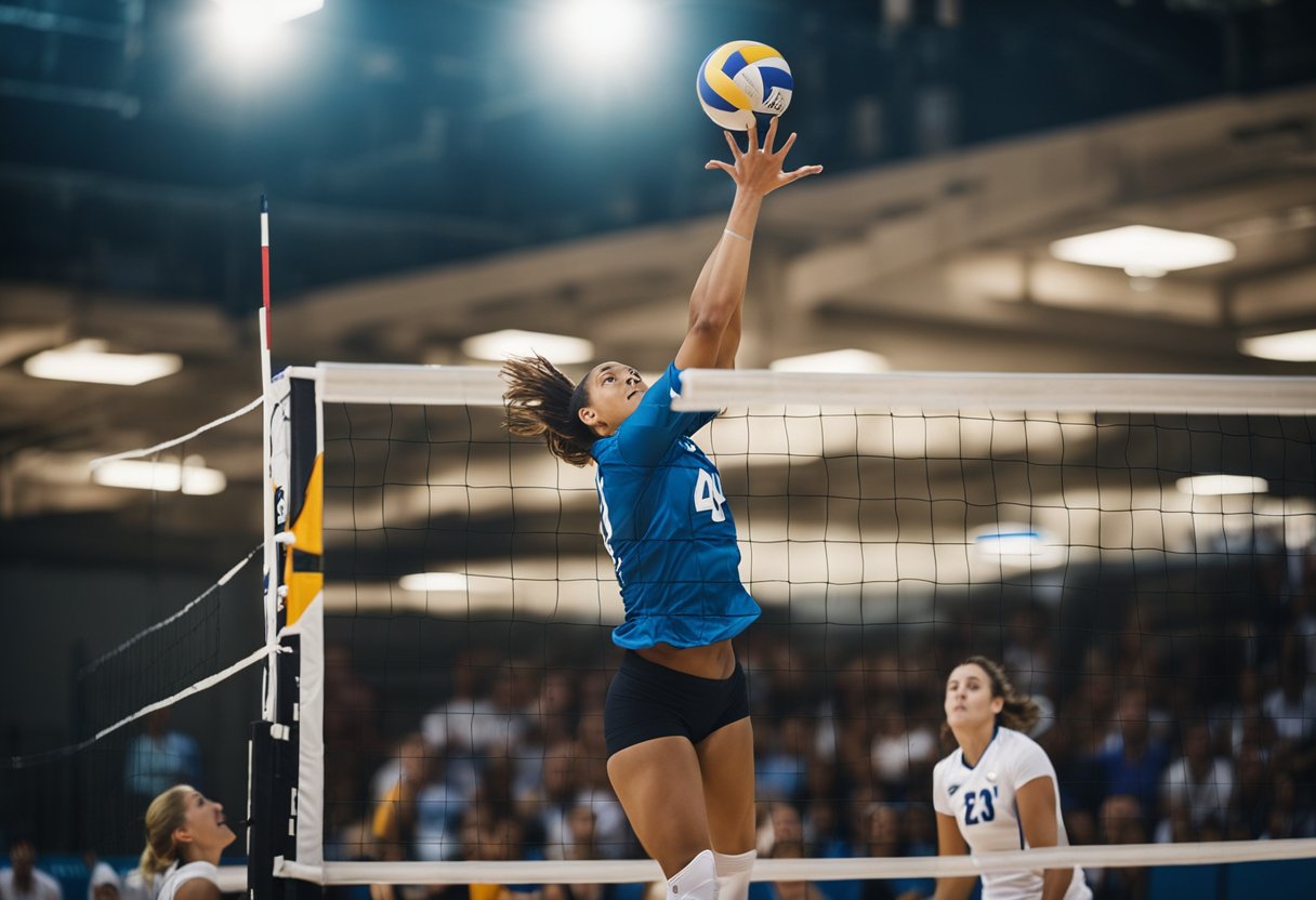 A volleyball player sets the ball high in the air for a teammate to spike