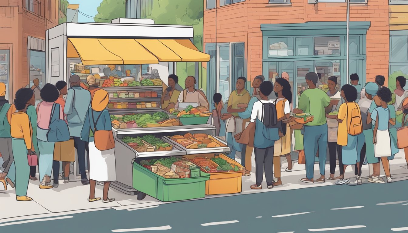 A bustling street with a colorful community fridge surrounded by people exchanging food items, symbolizing the role of community fridges in addressing food insecurity