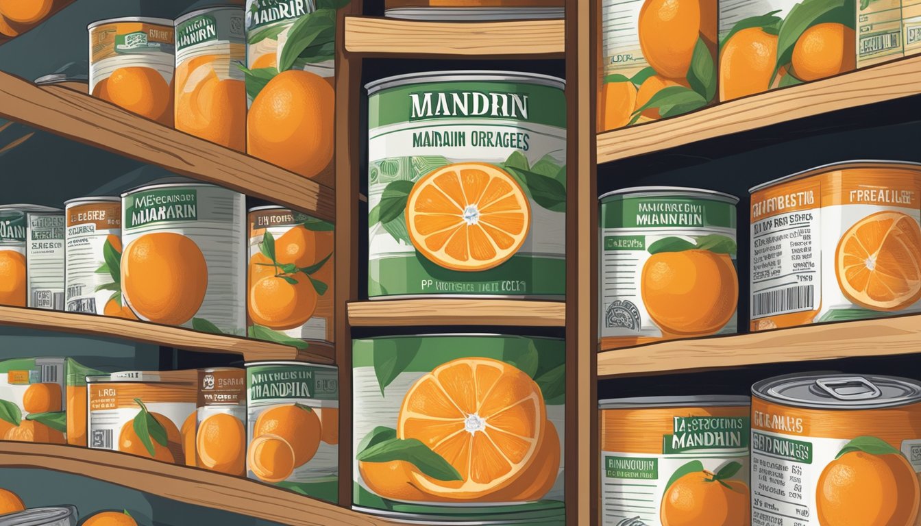 A can of mandarin oranges sits on a shelf, surrounded by other canned goods. The expiration date is visible on the label