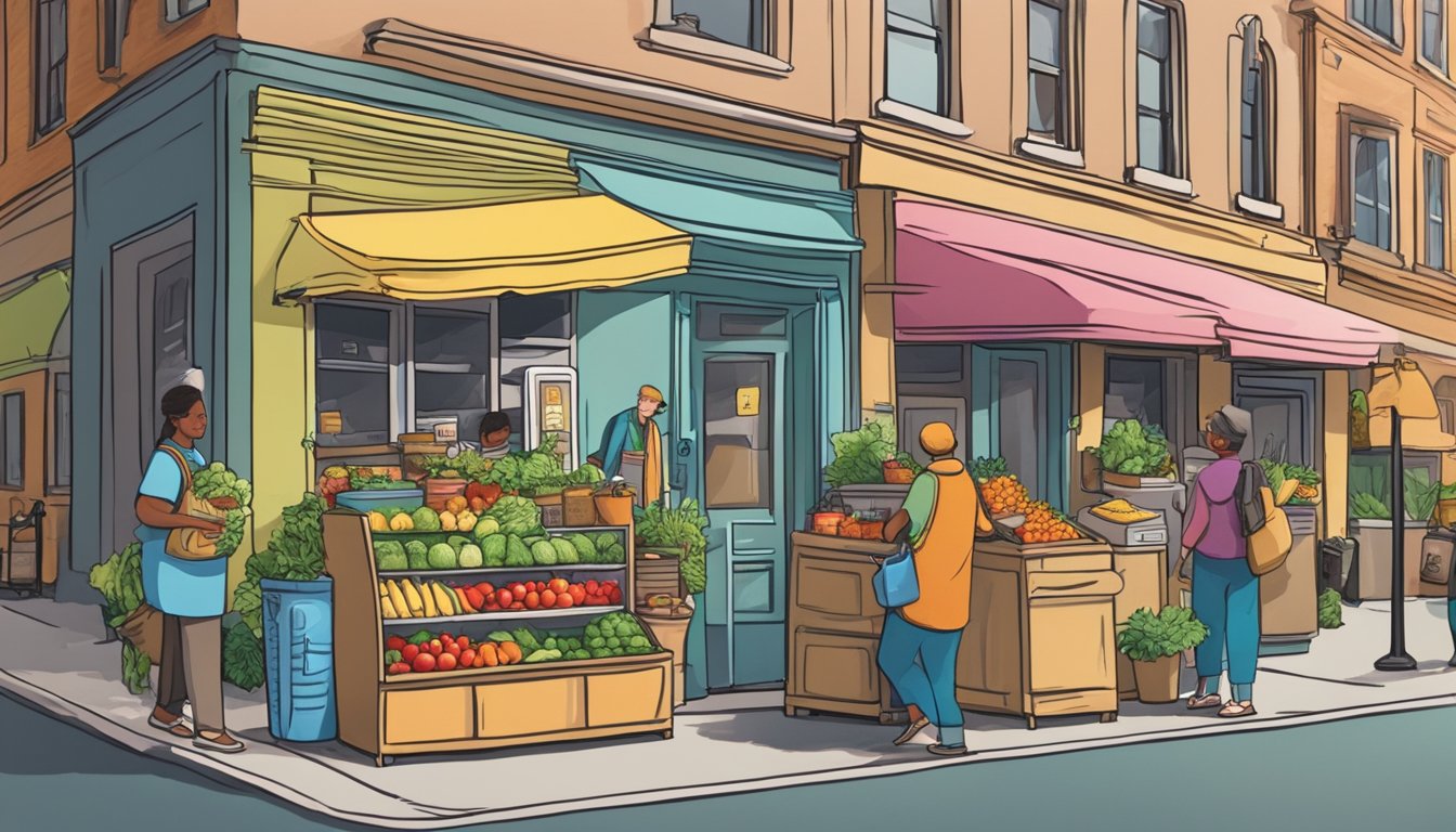 A bustling street corner with a colorful, decorated fridge filled with fresh produce and canned goods. People of all ages and backgrounds stop by to donate or take what they need