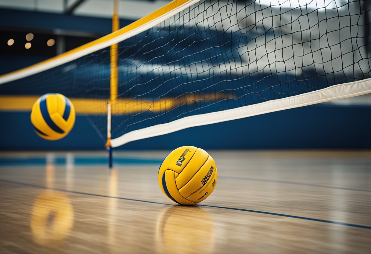 A volleyball court with a net, two teams on either side, and multiple volleyball sets scattered across the court