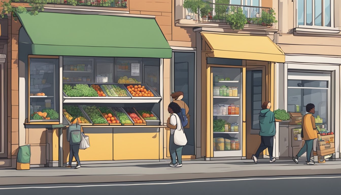 A community fridge stands on a bustling street, filled with fresh produce and packaged goods. People come and go, adding items or taking what they need