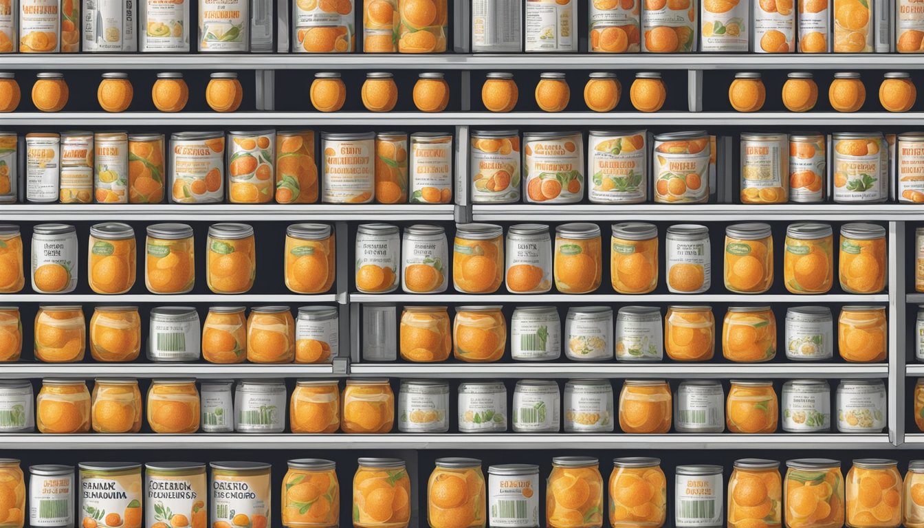 A pantry shelf with rows of canned mandarin oranges, some with expiration dates, others without