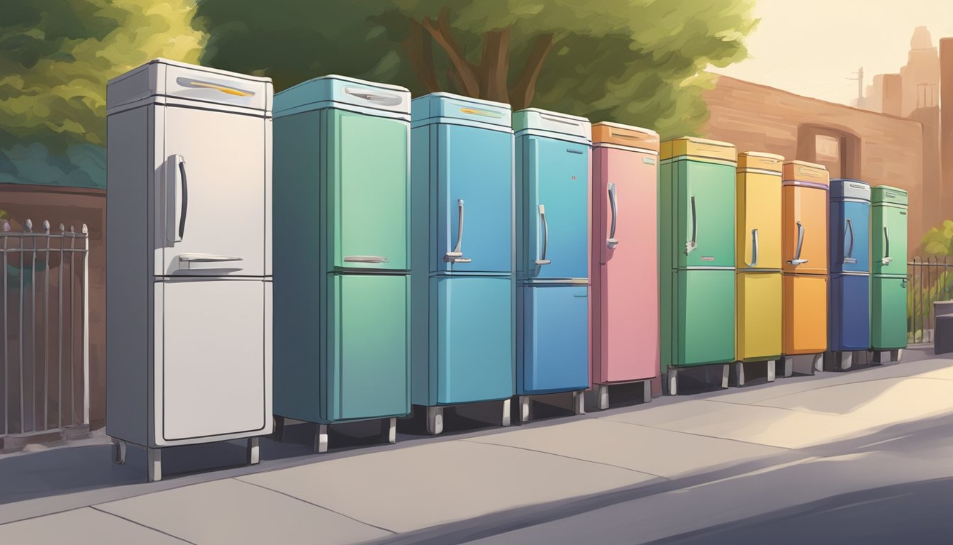 A row of colorful community fridges lined up on a sidewalk, with people coming and going to drop off or pick up food items