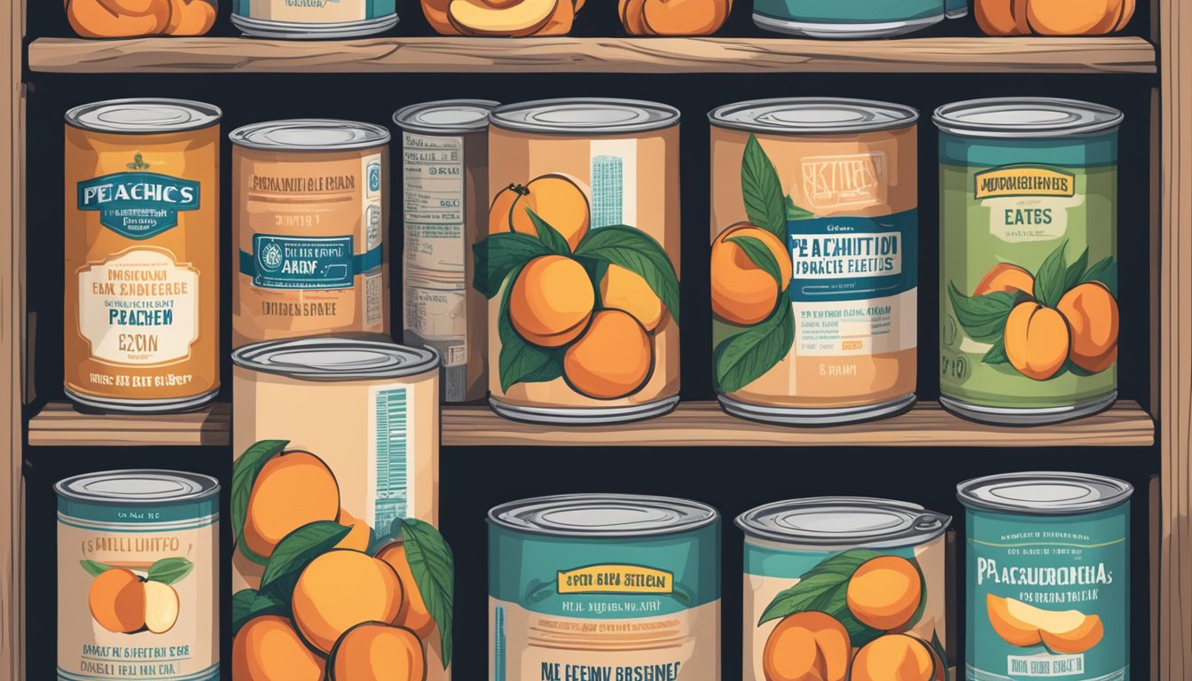 A can of peaches sits on a pantry shelf, surrounded by other canned goods. The expiration date is visible on the label