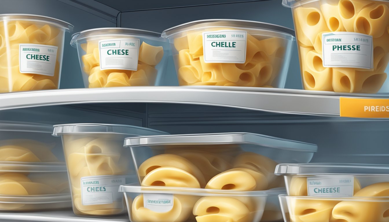 A stack of cheese stuffed shells arranged in an airtight container in the refrigerator, with a label indicating the date of preparation