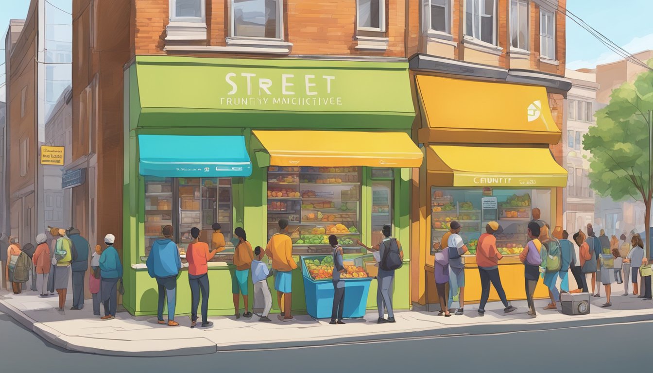 A bustling street corner with a brightly colored community fridge surrounded by people exchanging food and goods