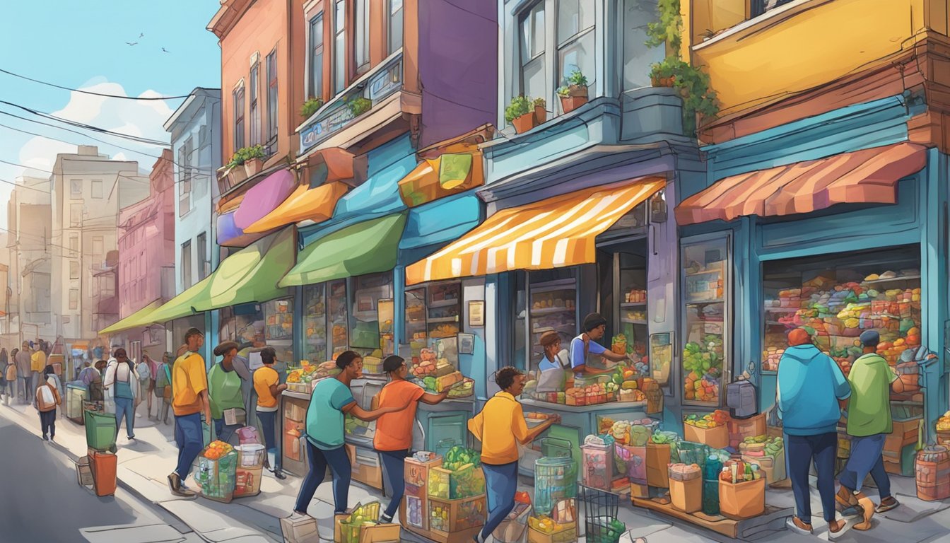 A bustling street corner with a colorful, graffiti-covered fridge surrounded by people dropping off and picking up food items