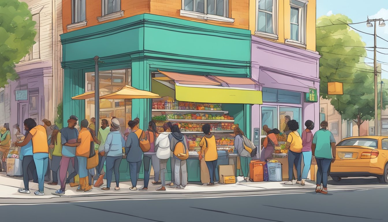 A bustling street with a colorful community fridge surrounded by diverse individuals donating and taking food items