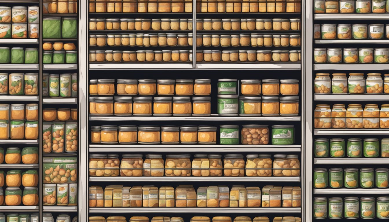 A pantry shelf with rows of canned peaches, some with expiration dates visible