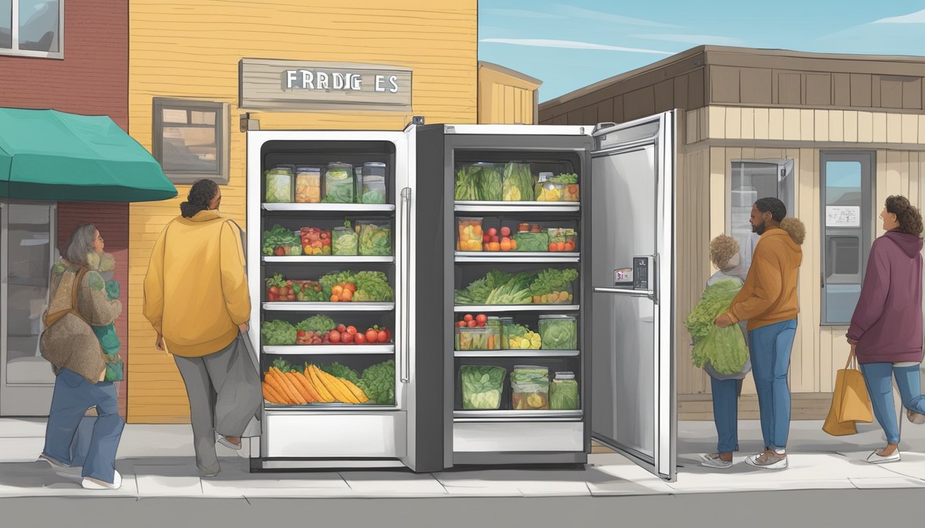 A community fridge in Billings, MT filled with fresh produce and canned goods. People are seen taking and leaving items