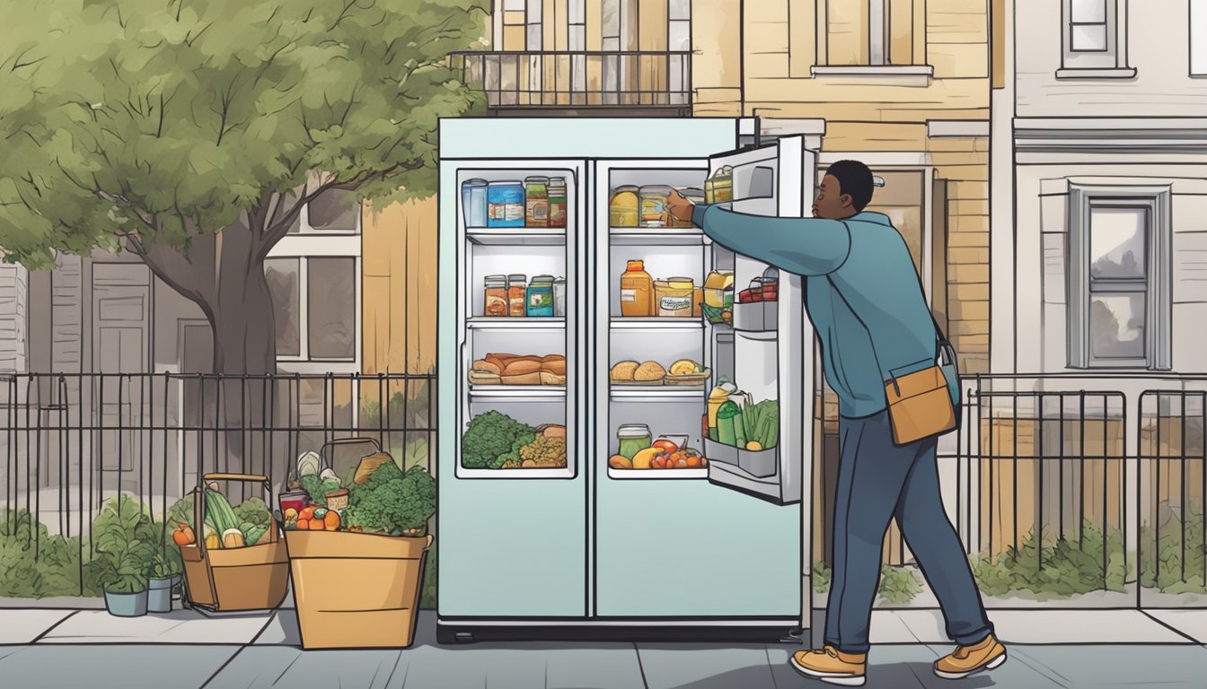 A person placing food items into a community fridge in a neighborhood setting