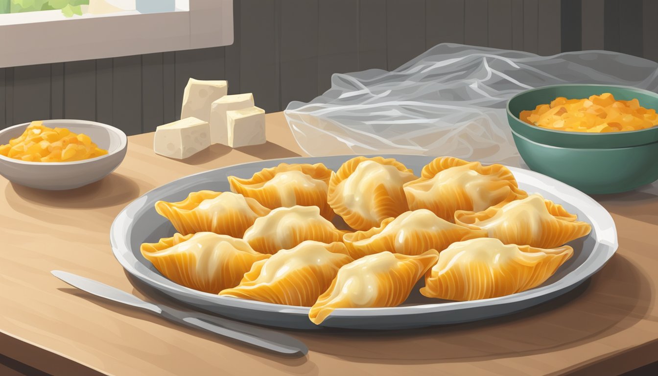 A plate of cheese stuffed shells sits on a kitchen counter, covered in plastic wrap. The shells are being reheated in the oven