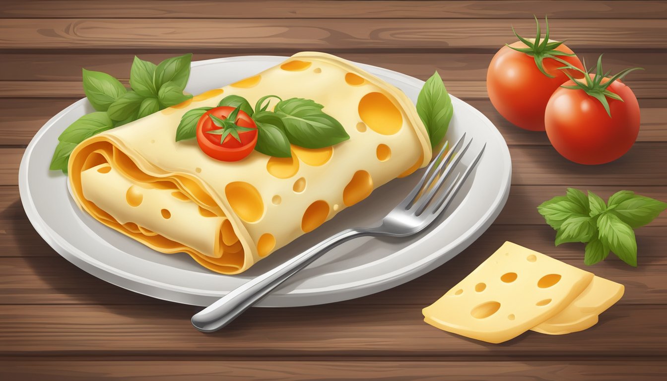 A plate of cheese cannelloni sits on a rustic wooden table, garnished with fresh herbs and surrounded by scattered tomato sauce