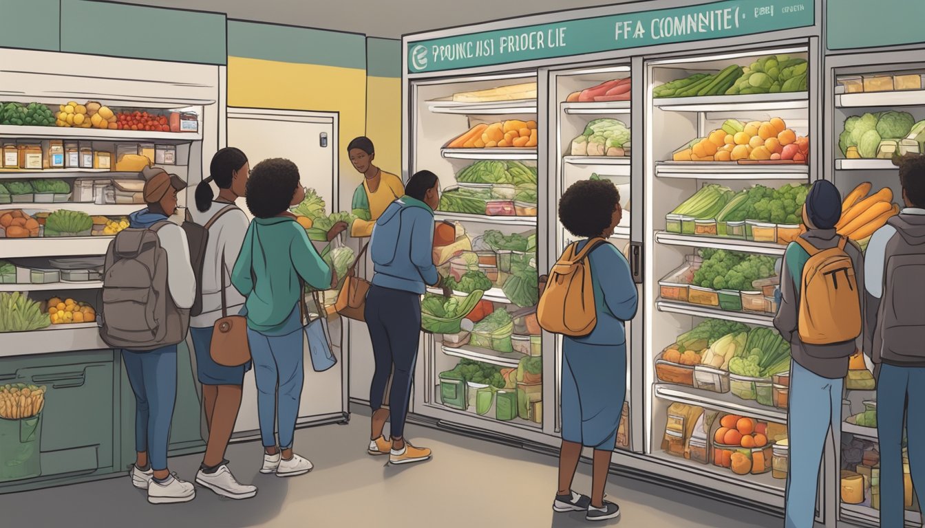 A bustling local community fridge filled with fresh produce and packaged goods, with people from all walks of life donating and taking items