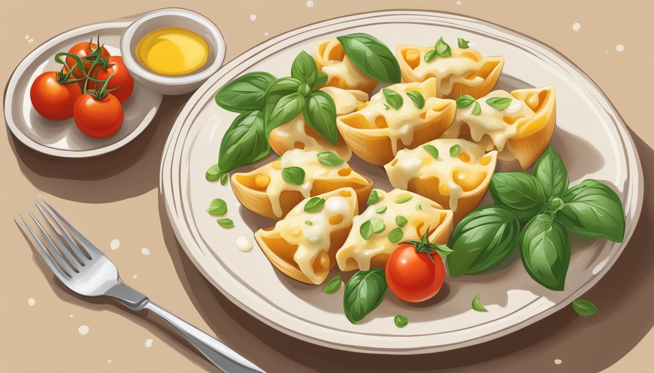 A plate of cheese stuffed shells surrounded by fresh basil leaves and cherry tomatoes, with a side of garlic bread and a drizzle of olive oil