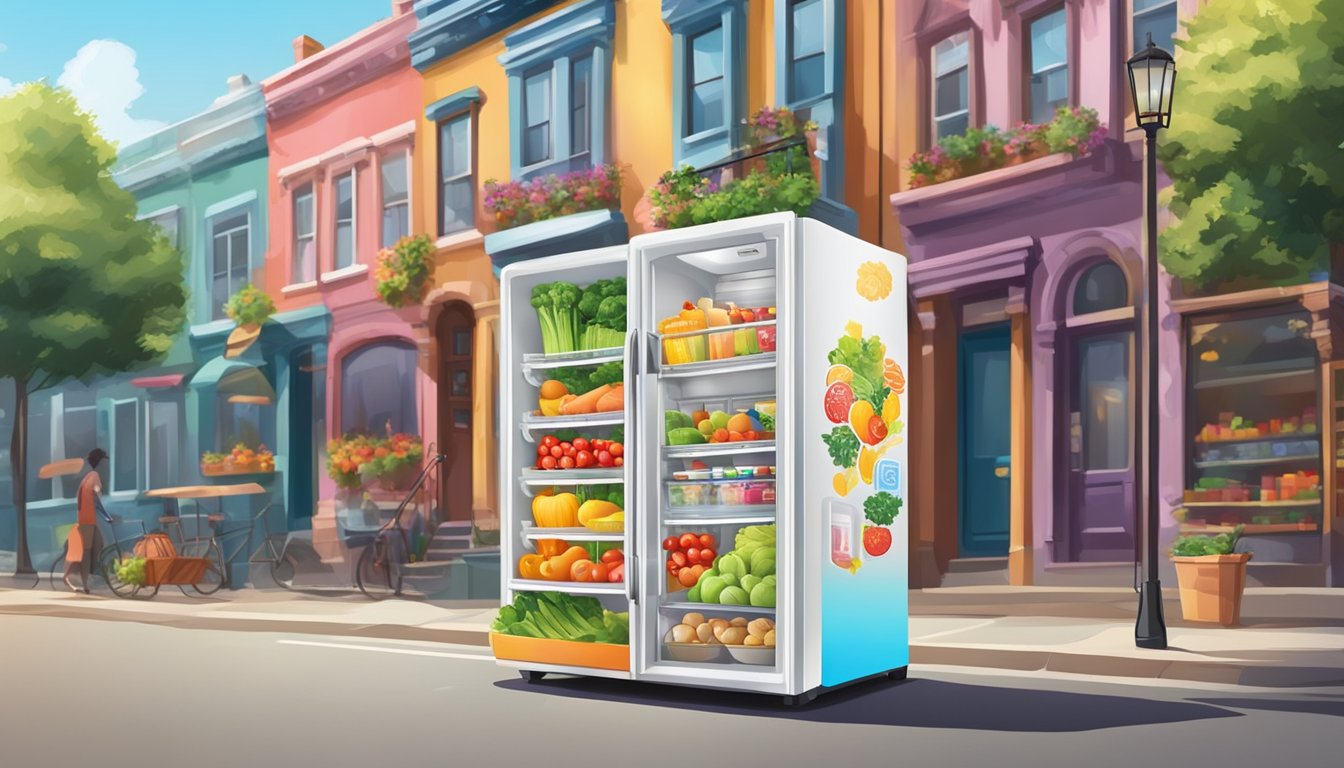 A colorful community fridge stands against a city backdrop, adorned with vibrant stickers and filled with fresh produce and food items