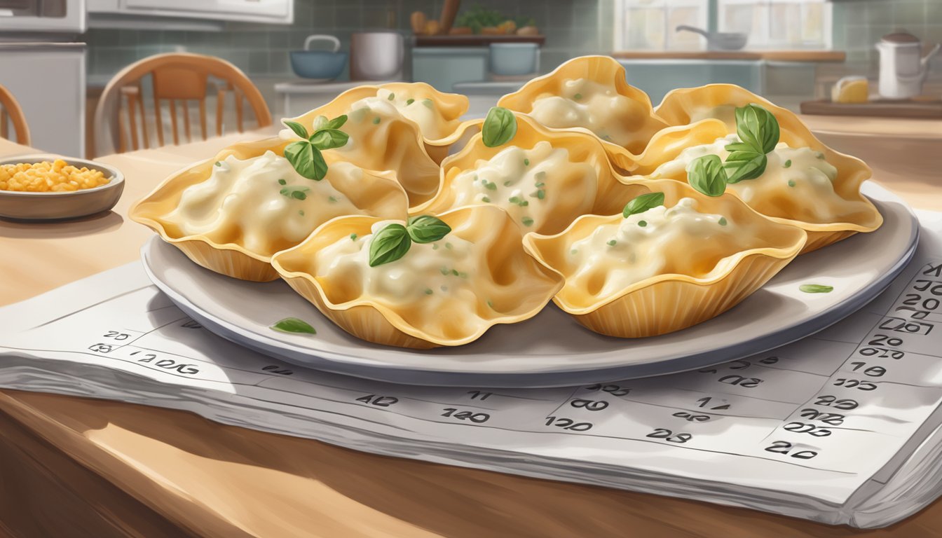 A stack of cheese stuffed shells sits on a kitchen counter, with a calendar in the background showing the current date. The shells are beginning to show signs of mold and decay