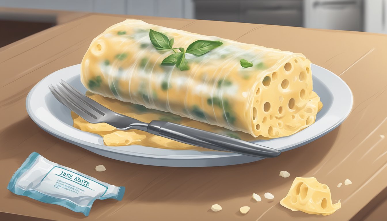 A plate of cheese cannelloni sits on a kitchen counter, covered with plastic wrap. The date is written on a label next to it