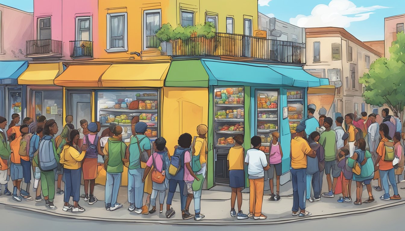 A bustling street corner with a colorful, graffiti-covered community fridge surrounded by a diverse group of people donating and taking food