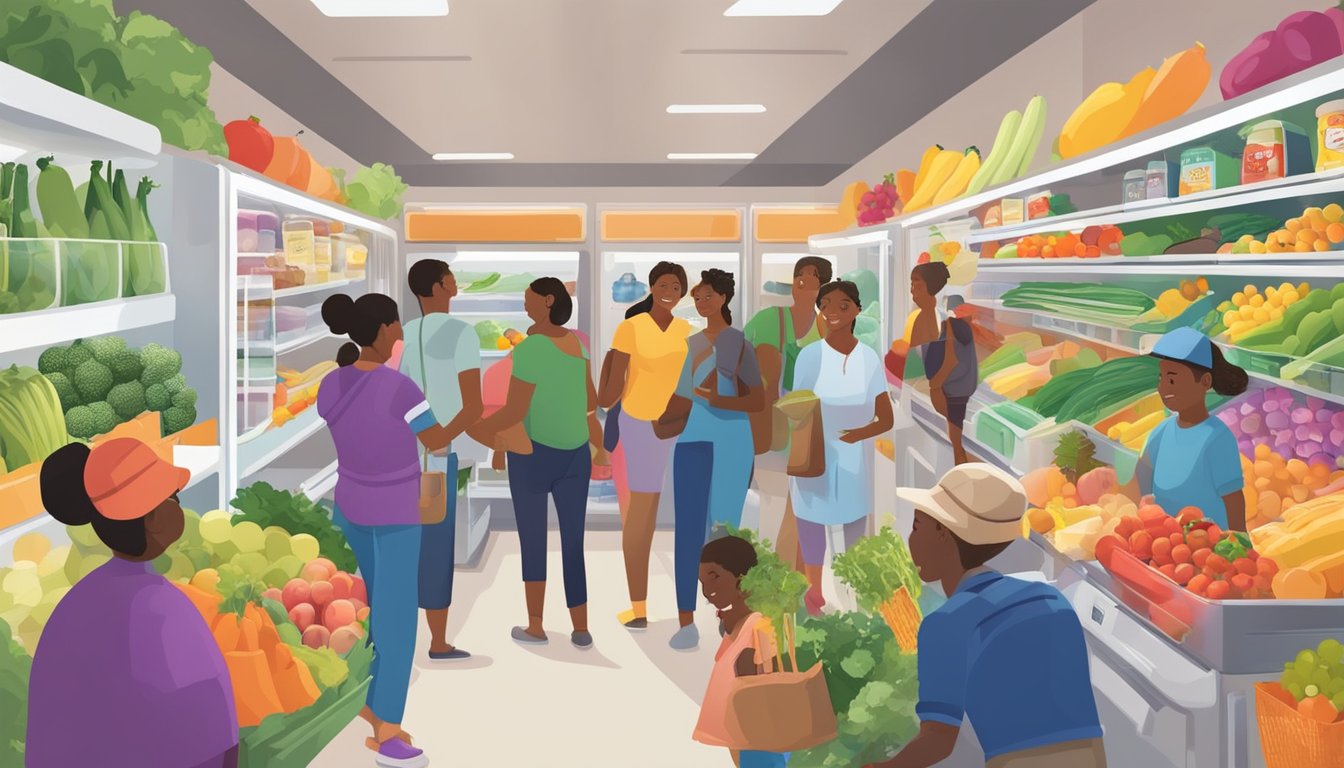 A bustling local community with a colorful, inviting fridge stocked with fresh produce and food items. People of all ages and backgrounds are seen interacting and accessing the fridge