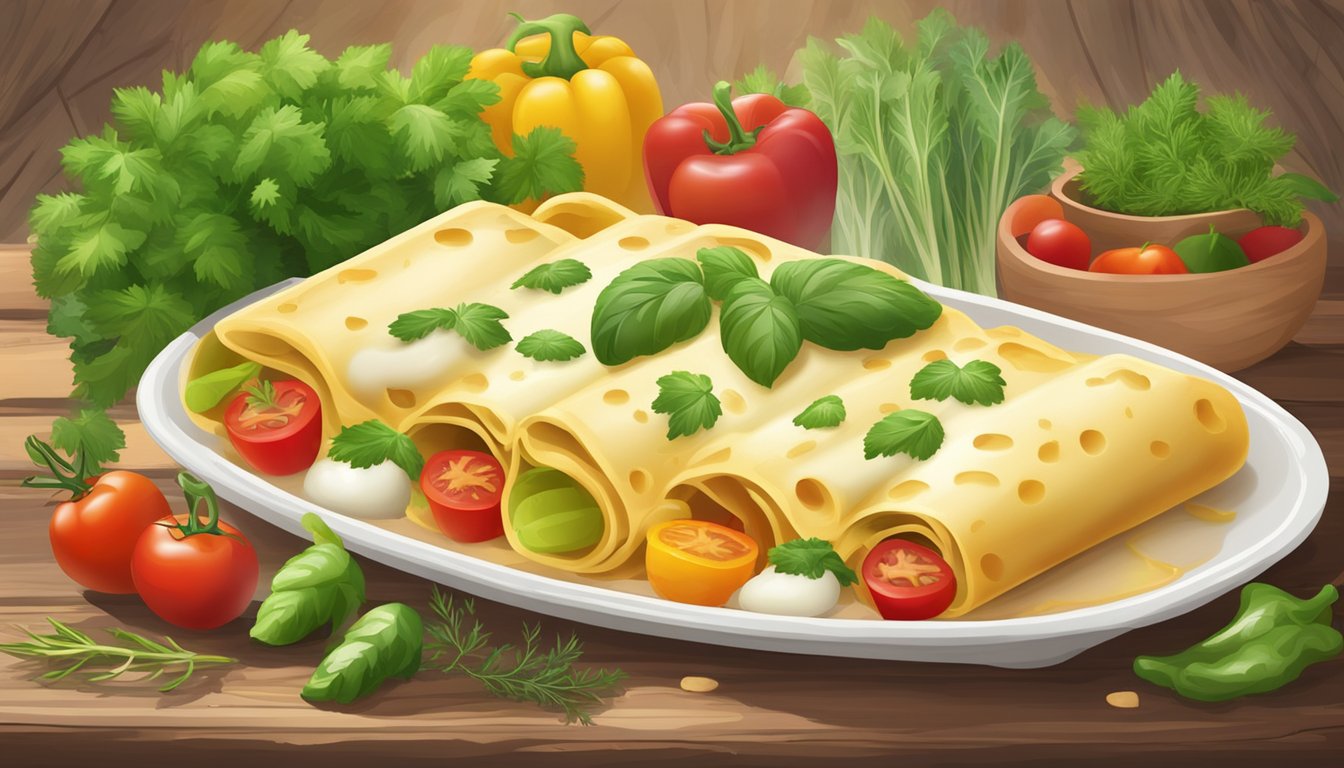 A steaming hot cheese cannelloni dish sits on a rustic wooden table, surrounded by fresh herbs and colorful vegetables