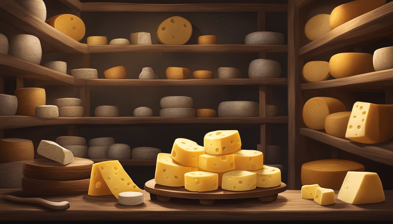 A wheel of cheese curds sits on a wooden shelf in a cool, dimly lit cellar, surrounded by other aging cheeses