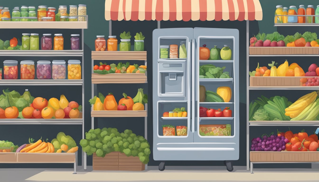 A brightly painted refrigerator stands on a sidewalk, surrounded by a diverse array of fresh produce and canned goods. People of all ages and backgrounds approach the fridge, adding and taking items with smiles on their faces