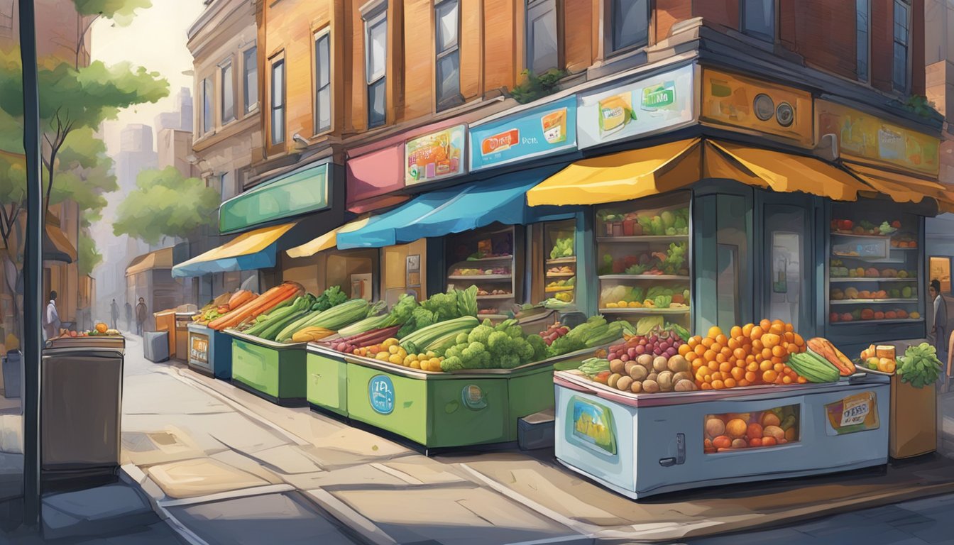 A bustling city street with a colorful, graffiti-covered refrigerator standing open, filled with fresh produce and other food items