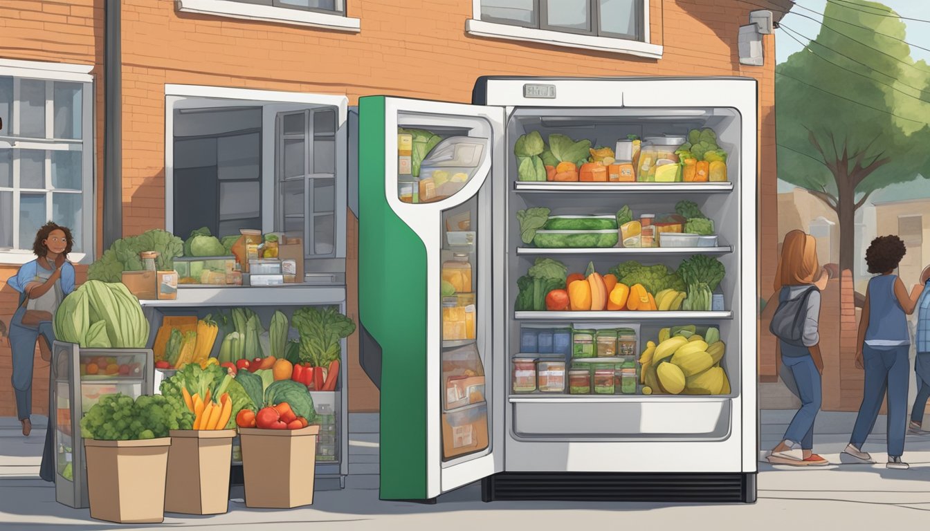 A community fridge stands in a bustling neighborhood, filled with fresh produce and canned goods. People come and go, adding and taking items, creating a sense of unity and generosity