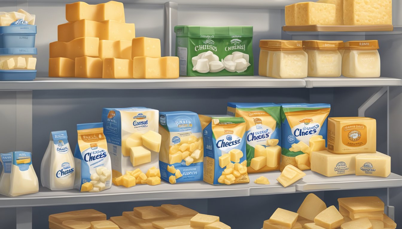 A sealed package of cheese curds sits on a refrigerator shelf, surrounded by other dairy products. The expiration date is clearly visible