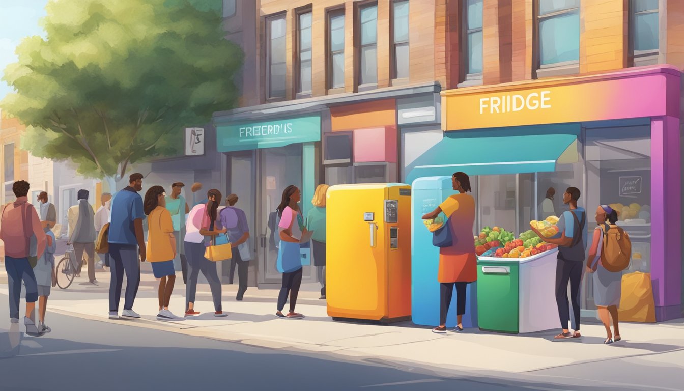 A brightly colored community fridge stands on a bustling street corner, surrounded by people dropping off and picking up food