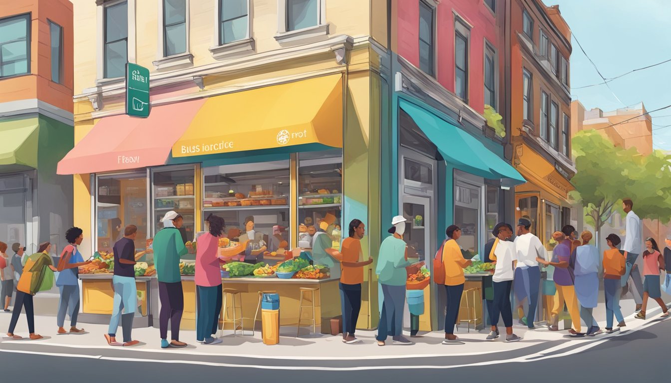 A bustling street corner with a colorful community fridge surrounded by diverse individuals interacting and sharing food