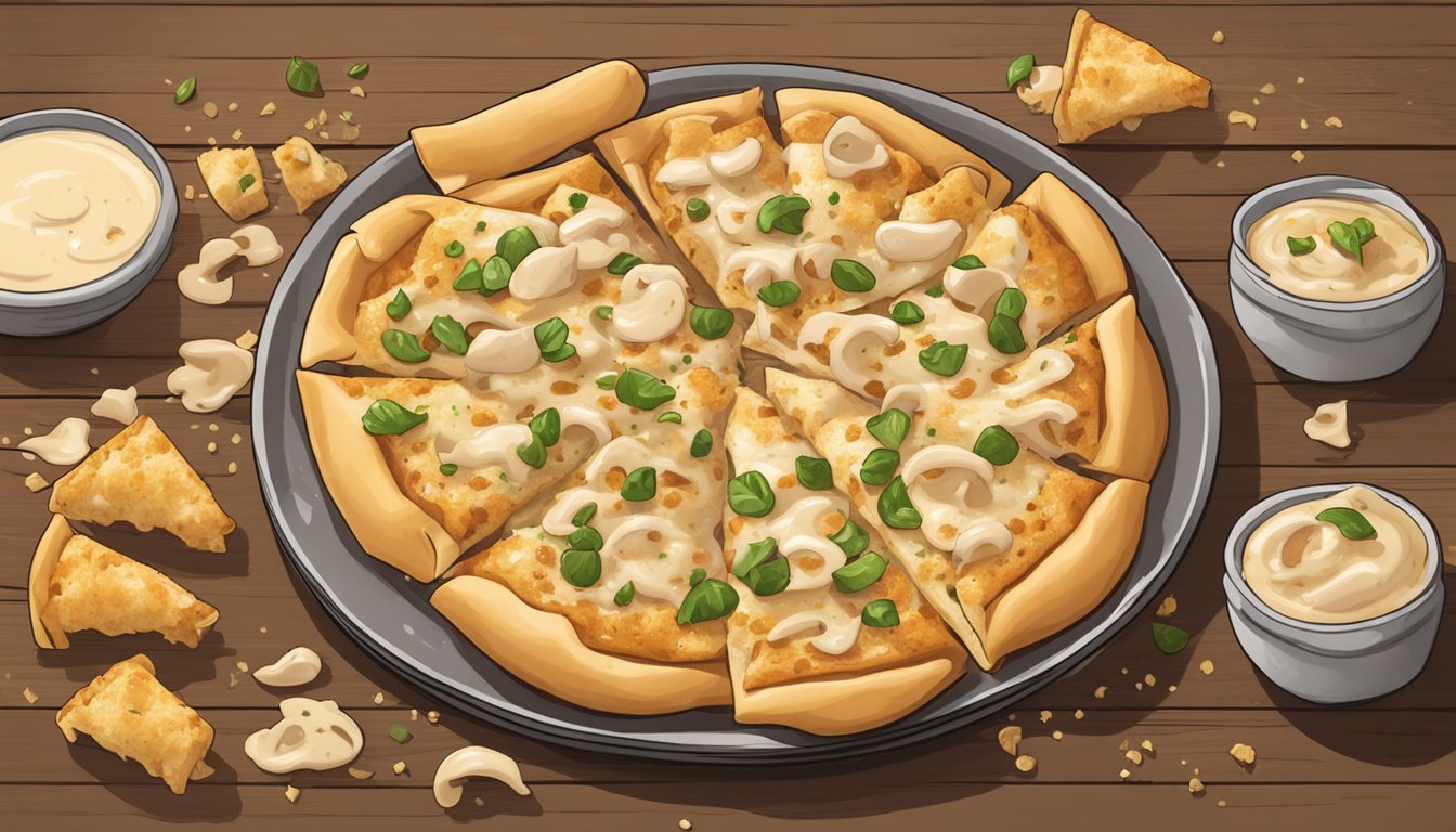 A plate of chicken alfredo pizza rolls sits on a wooden table, surrounded by scattered crumbs. The rolls are golden brown and oozing with creamy alfredo sauce, with bits of chicken peeking out