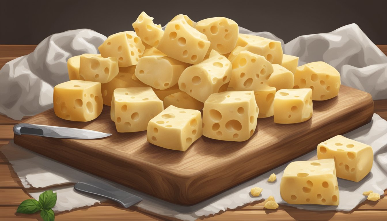 A pile of cheese curds sits on a wooden cutting board, some covered in mold. A calendar on the wall shows the current date