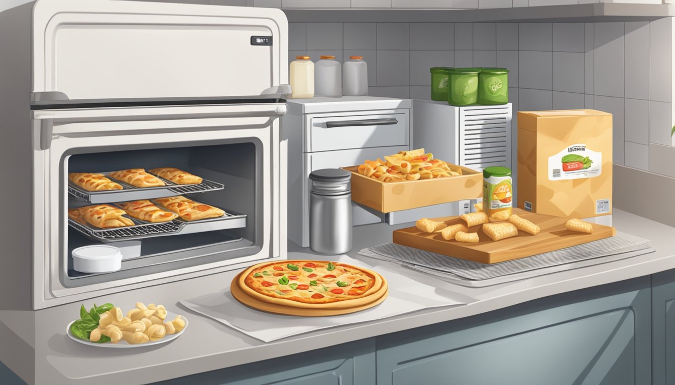 A kitchen counter with a sealed container of chicken alfredo pizza rolls next to a refrigerator