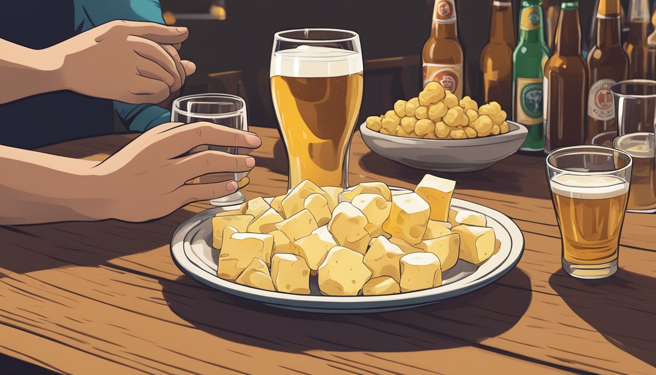 A plate of cheese curds sits on a wooden table, surrounded by a few empty beer glasses. A person's hand reaches for a curd, while another person watches with anticipation