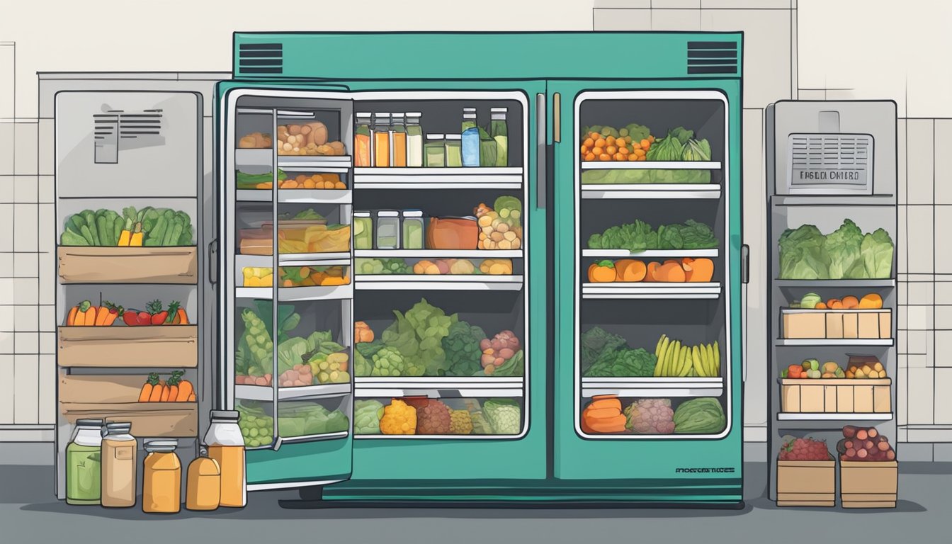 A community fridge overflows with fresh produce, canned goods, and hygiene products. A sign nearby lists items to avoid donating