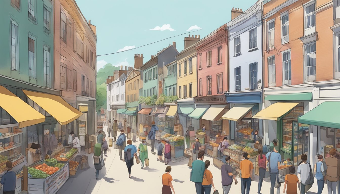 A bustling street with a local community fridge surrounded by small shops and people coming and going