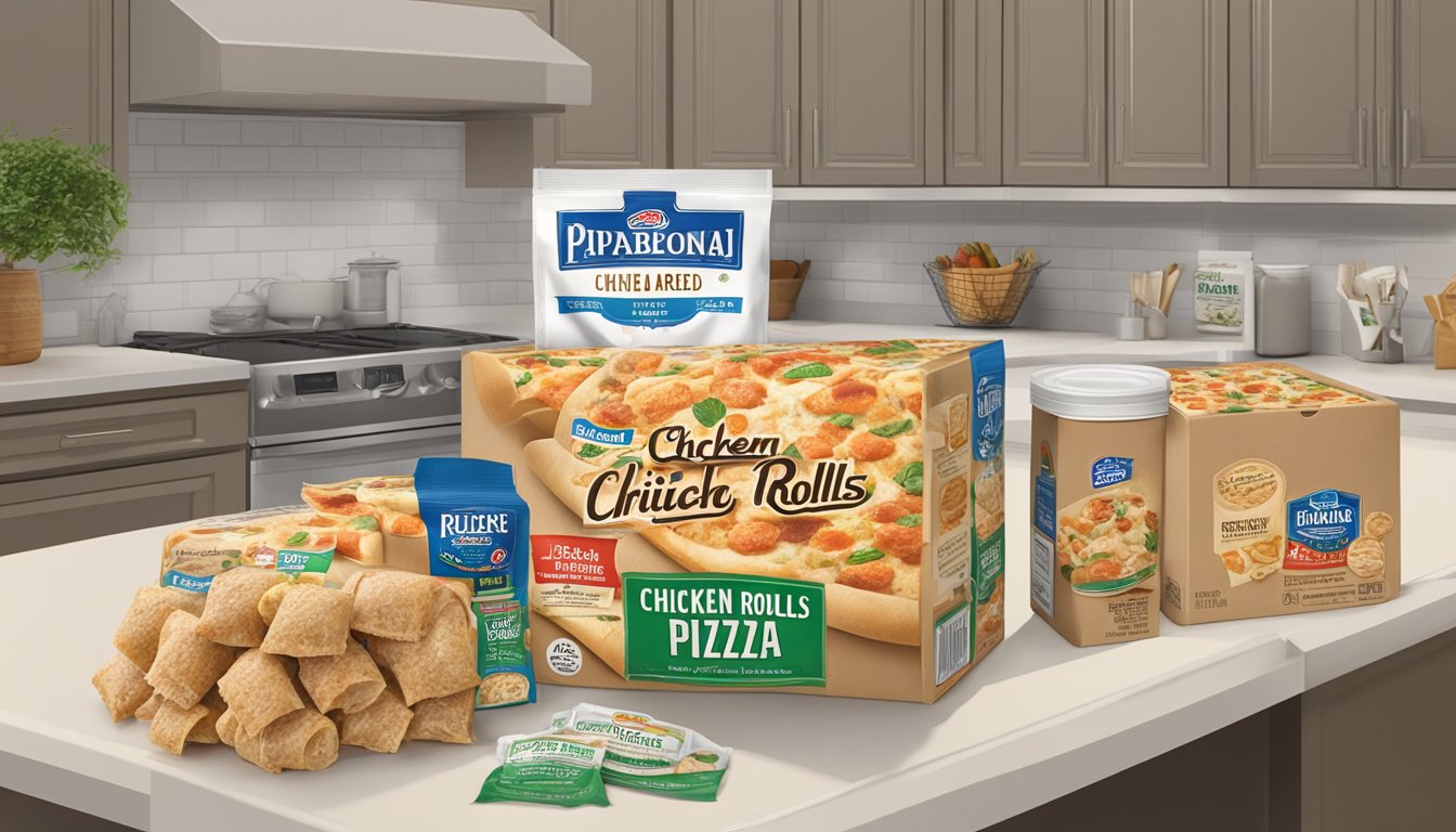 A package of chicken alfredo pizza rolls sits on a kitchen counter, surrounded by a variety of pantry items. The rolls are sealed in airtight packaging and labeled with an expiration date