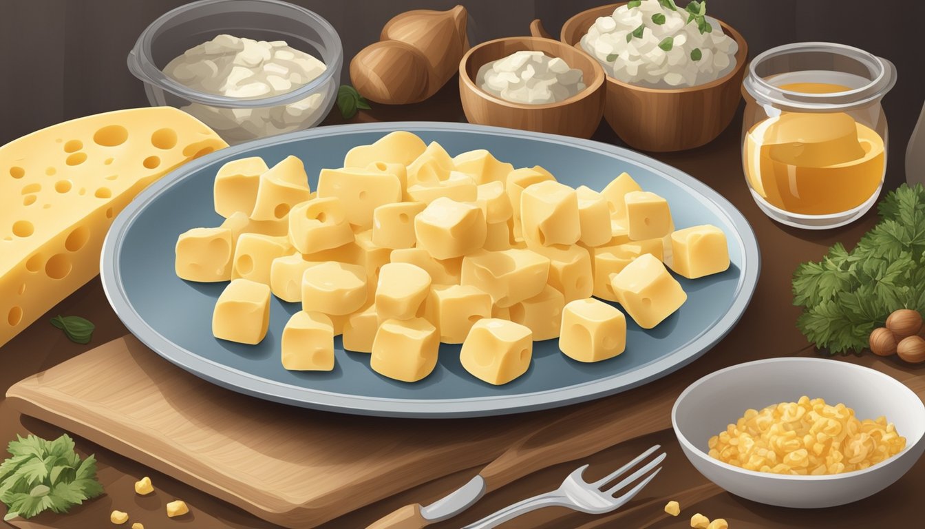 A plate of cheese curds surrounded by various culinary ingredients and utensils, with a calendar in the background marking the date of purchase