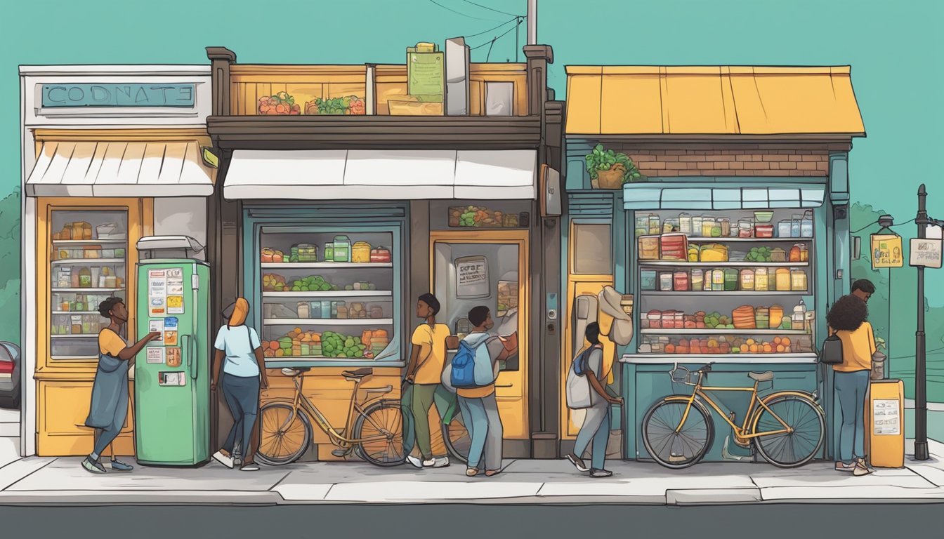 A bustling street corner with a colorful community fridge adorned with signs and symbols of accessibility and inclusivity. People of all backgrounds approach to donate and take food