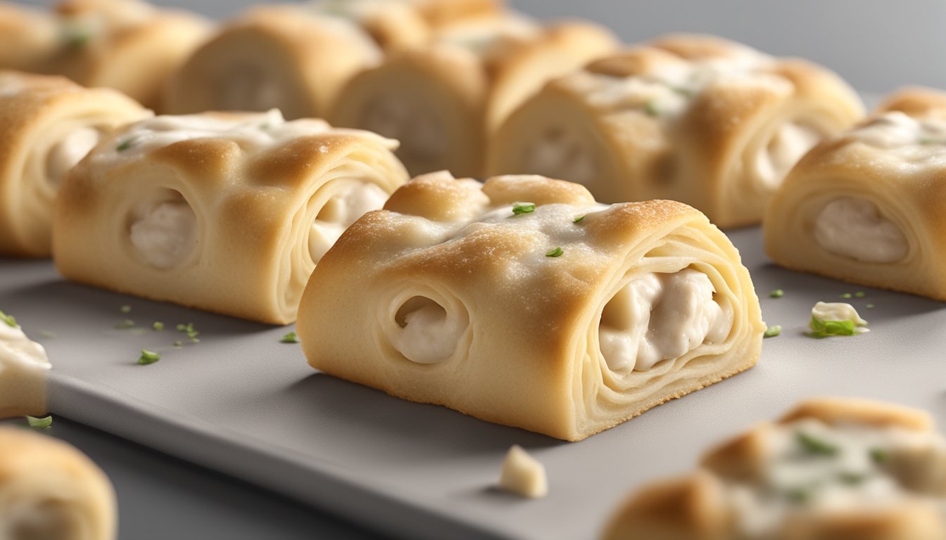 A package of chicken alfredo pizza rolls left out on the counter, with mold beginning to form on the surface