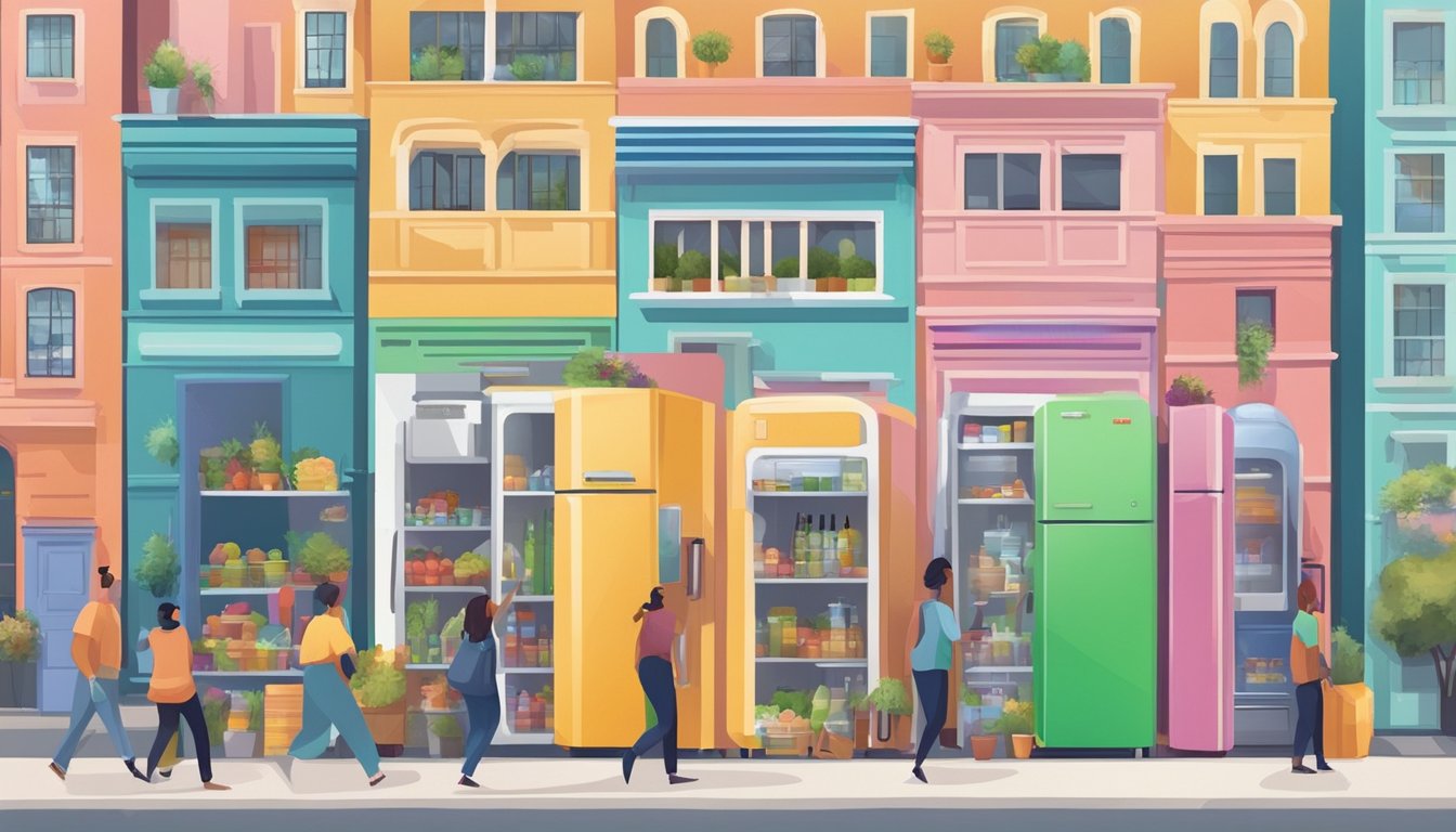 A colorful local community fridge surrounded by diverse buildings and people, with a sense of unity and support